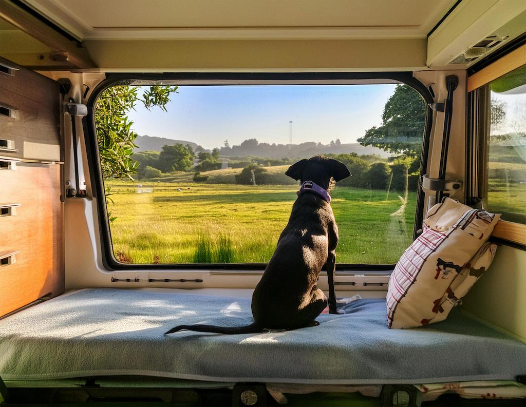 a dog looking out a campervan window in a field